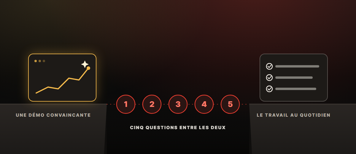 Schéma : une démo convaincante d'un côté, le travail au quotidien de l'autre, et cinq questions numérotées qui comblent l'écart entre les deux.